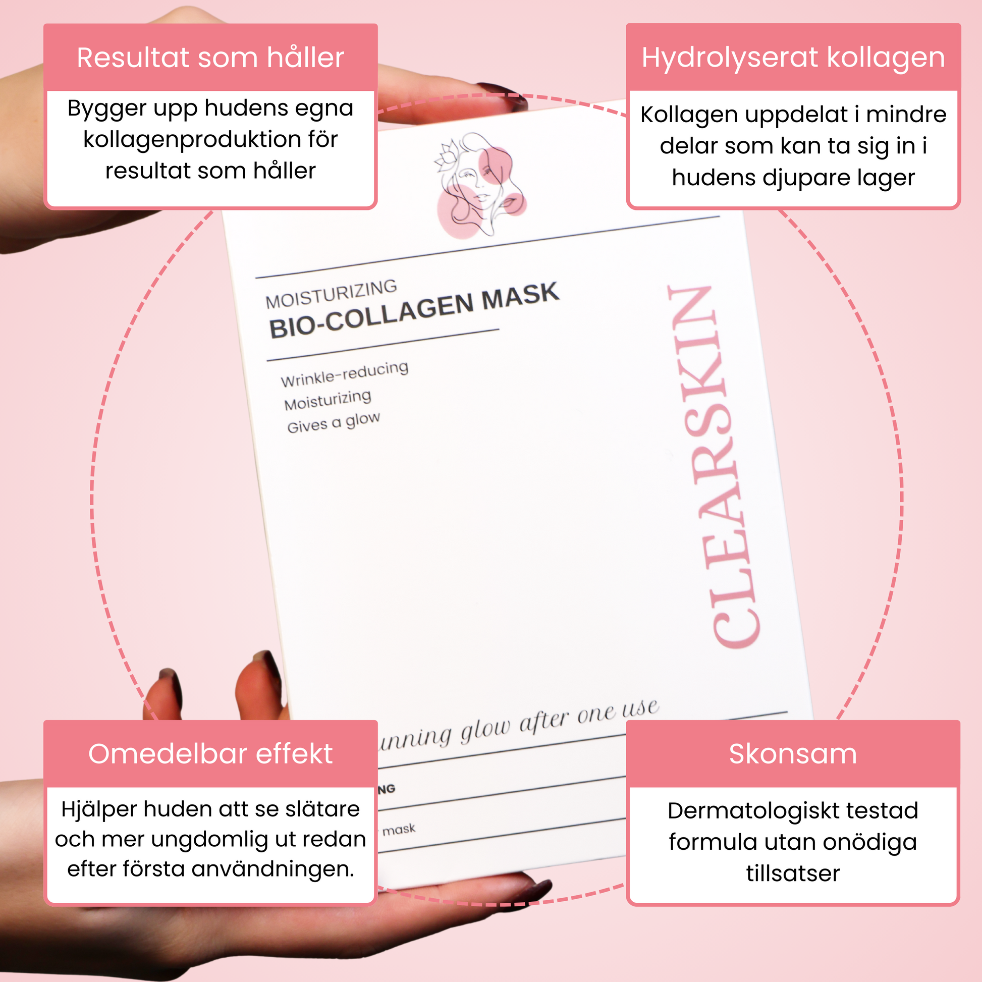 Förpackning av bio collagen ansiktsmask hålls i händer mot rosa bakgrund